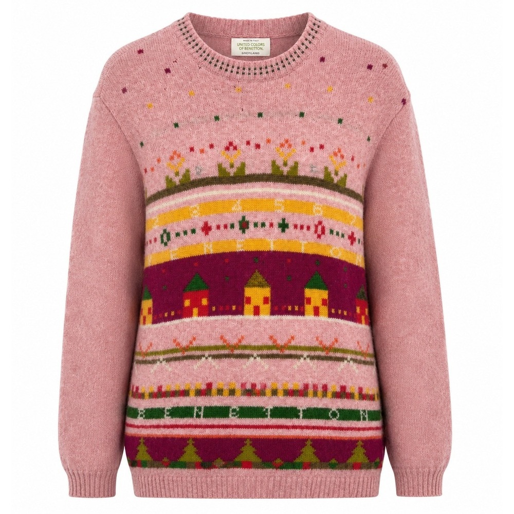 Vintage‎ United Colors of Benetton Pink Shetland Wool Fair Isle House Sweater L